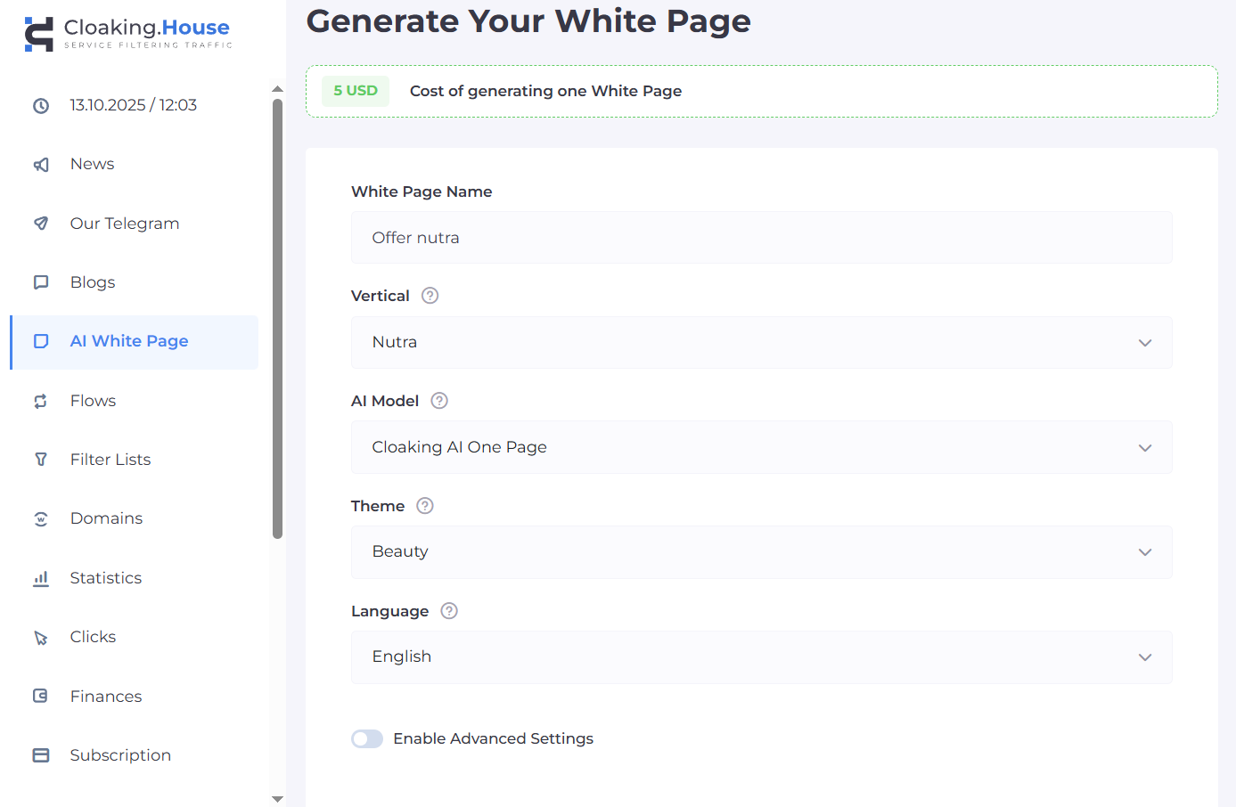 White Page Generator в Cloaking.House
