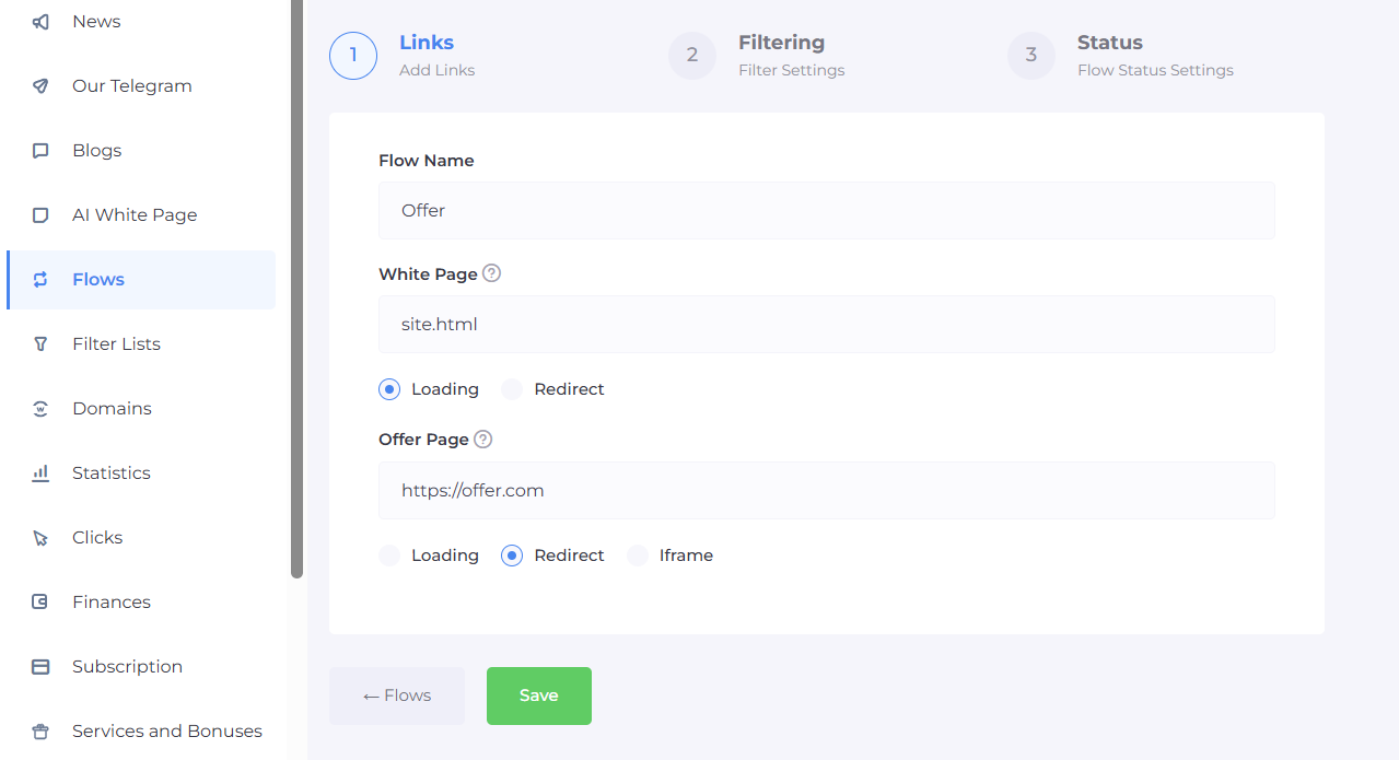 Настройка потока в Cloaking.House