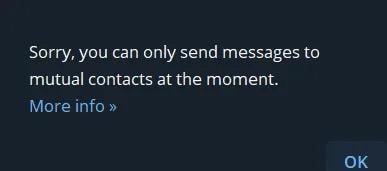 Сообщение Telegram об ограничении: можно писать только взаимным контактам